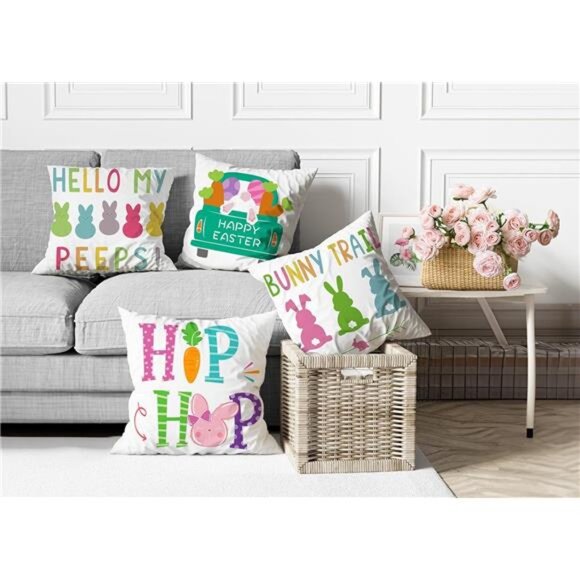 Minetom Easter Pillow Covers 18x18 Set of 4 Easter Decorations for Home Bunny - Picture 4 of 7